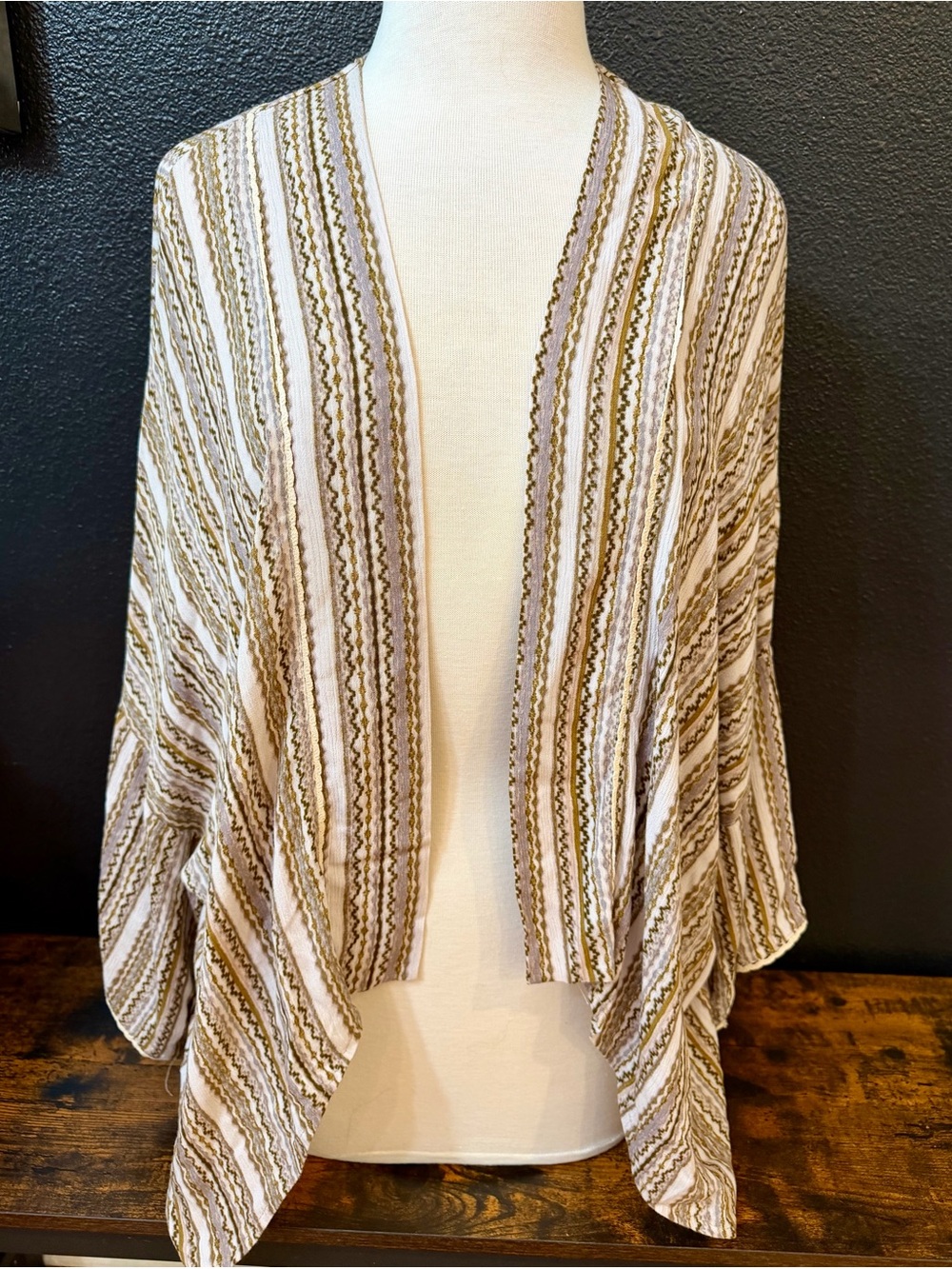 Endless Blu Striped Open-Front Draped Women's Cardigan/Kimono - Cream/Brown/Tan
